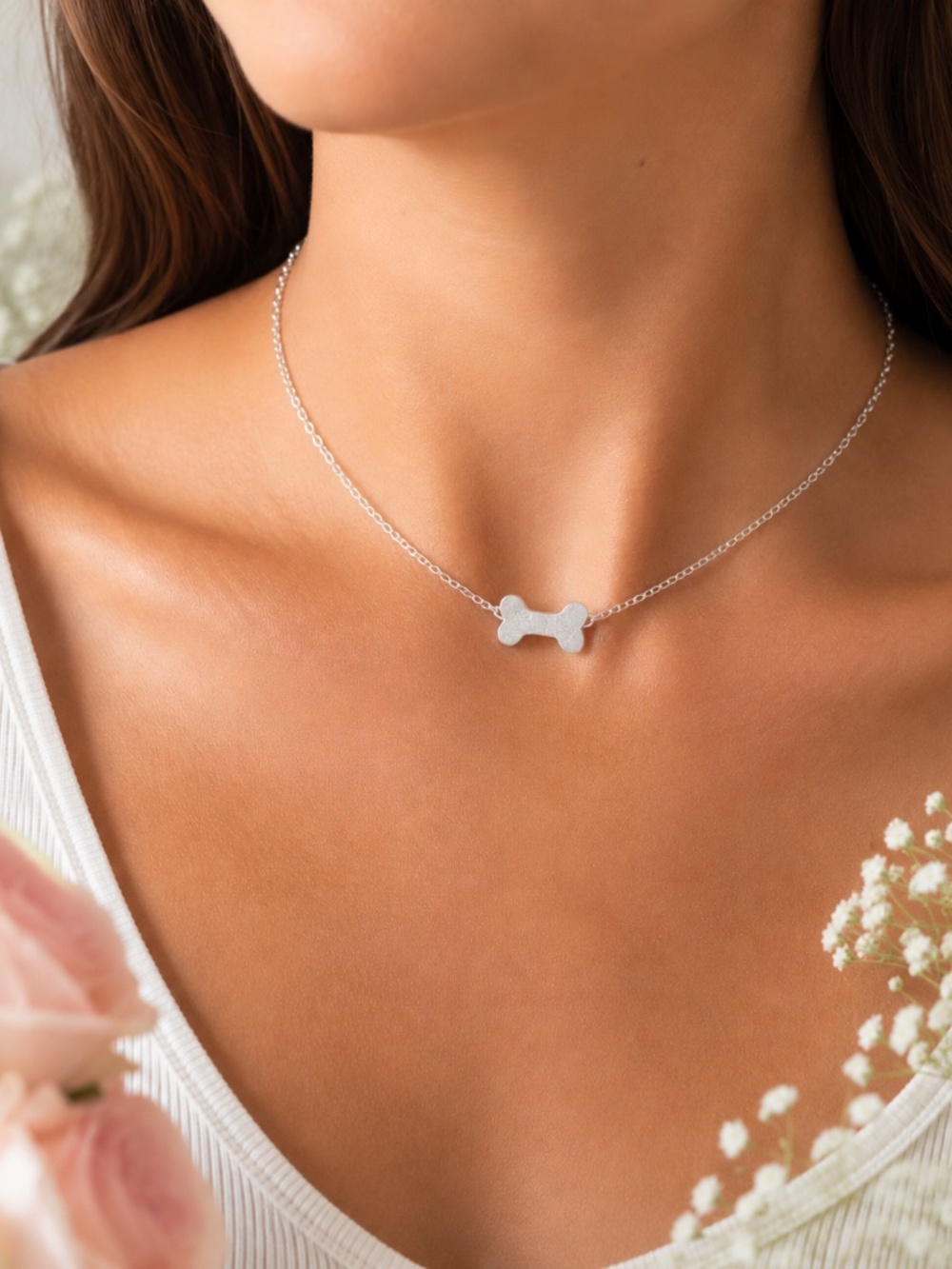 New Small Doggy Bone Necklace Silver , Dog Pendant , Love my Puppy Necklace